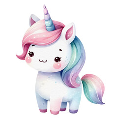 Cute Unicorn Character illustrations in watercolor texture style, colorful kawaii unicorn 