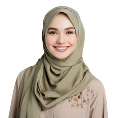 Beautiful muslim woman wearing hijab headscarf and smiling, isolated on transparent background - obrazy, fototapety, plakaty