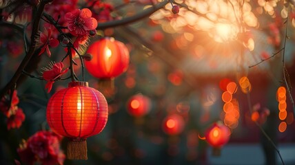 Red lanterns adorn floral spring, vivid festive spirit in bloom