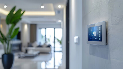 Smart home control panel on wall, room entrance blurred