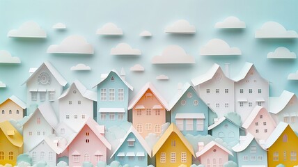 Cut-out paper houses reveal layers, textured depth in white and pastels - obrazy, fototapety, plakaty