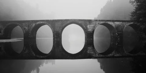 Glasbilder Rakotzbrücke A bridge spans a river with a foggy sky in the background