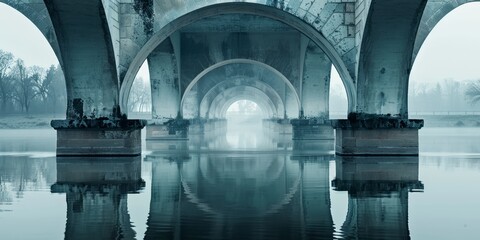 A bridge spans a river with a foggy sky in the background - obrazy, fototapety, plakaty