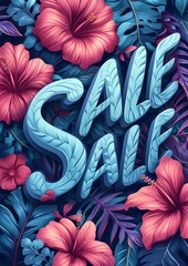 Bold "SALE" text surrounded by lush tropical flowers for a spring sale event
