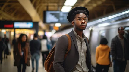  Young man traveling in fall attire wearing a brimmed hat, thin frame glasses and surrounded by the hum of a busy subway station © Randall