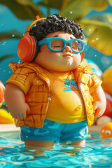 illustration of a cartoon boy with headphones and blue glasses, floating in a pool