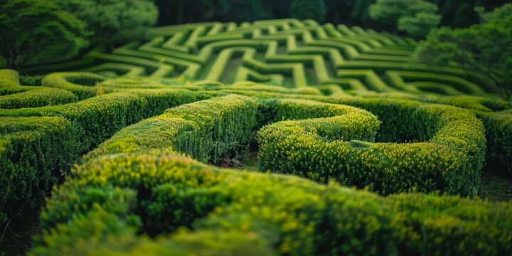 A maze of hedges with a green color