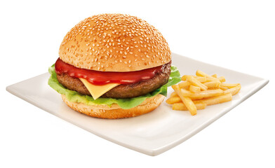 prato com hambúrguer de carne bovina no pão com gergelim com queijo, salada e molho acompanhado...