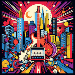 A poster featuring a guitar with a city skyline in the background under a bright sky