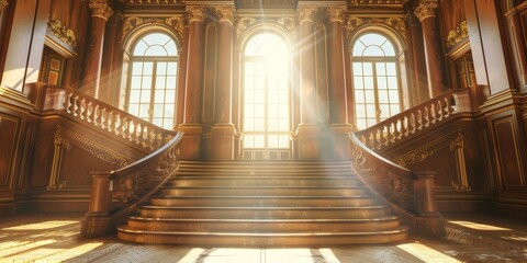 Obraz premium A large, ornate staircase leads up to a grand room with a large window