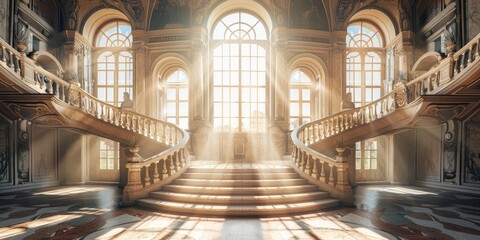 A large, ornate staircase leads up to a grand room with a large window - Powered by Adobe