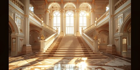 A large, ornate staircase leads up to a grand room with a large window © xartproduction