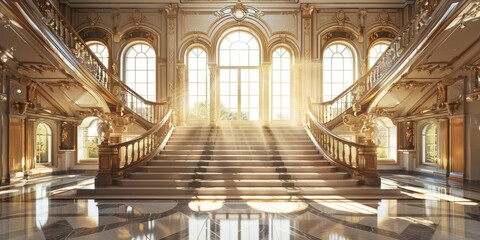 A large, ornate staircase leads up to a grand room with a large window - obrazy, fototapety, plakaty