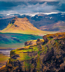 Aerial summer view of Dyrholaey Nature reserve. Superb morning scene of southern Iceland, Europe....