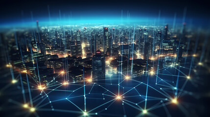 Smart city on background, featuring smart infrastructure and connected buildings