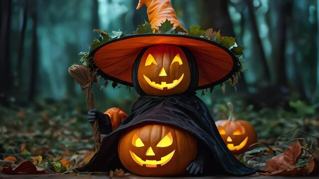 whimsical Halloween scene with a carved pumpkin in a witch attire, holding a broomstick
