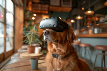 Golden Retriever Experiencing Virtual Reality in a Cafe