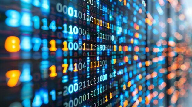 Pixelated digital data stream with binary code encryption concept and glowing red and blue dots.