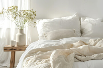 Fototapeta na wymiar Serene Bedroom Interior with Soft Linens and Natural Light