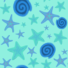 Seamless Pattern with Blue, Green Starfishes and Swirls on a Lagoon Blue Background