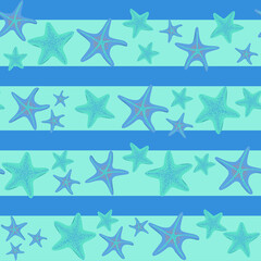 Seamless Pattern with Blue, Green Seafishes on a Striped Background