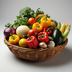 Basket full of vegetables, natural fresh vegan ingredients, isolated. 