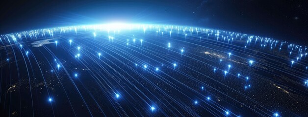 Digital Network Lines Encircling Earth at Night