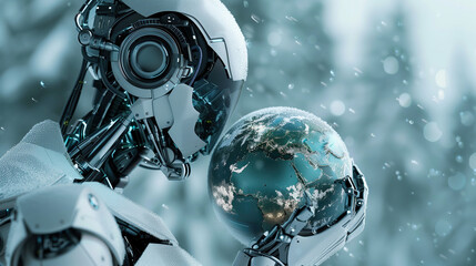In the modern digital era, a futuristic AI robot cradling a frosty Earth symbolizes contemplation of environmental consequences - obrazy, fototapety, plakaty