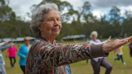 Foto op Aluminium Senior Woman Practicing Tai Chi Outdoors. An elderly woman with glasses enjoys Tai Chi, performing a graceful exercise movement in an outdoor setting. © Old Man Stocker
