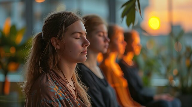 Group Meditation. People in a tranquil group meditation session indoors with the warm glow of sunset in the background.