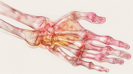 Artistic anatomical rendering of hand bones and joints in warm and soft tones, showcasing the complexity of the human skeletal structure.