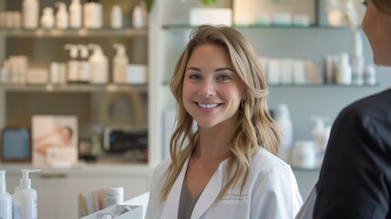Smiling female skincare specialist wearing a lab coat stands confidently in a professional clinic environment with skincare products on shelves.