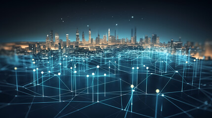 Smart city on background, featuring smart infrastructure and connected buildings