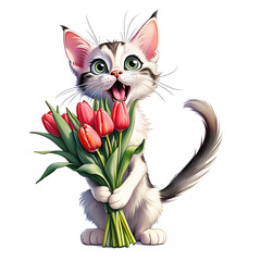cat with a bunch of flowers
