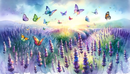 Watercolor of butterflies fluttering in a lavender field in the morning