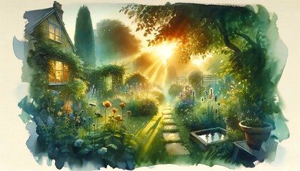 Watercolor of backlight view through an English backyard garden