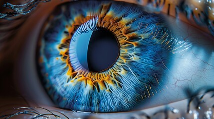 Human Eye Iris. An extreme close-up of a human eye, highlighting the intricate patterns and colors of the iris in vivid detail.