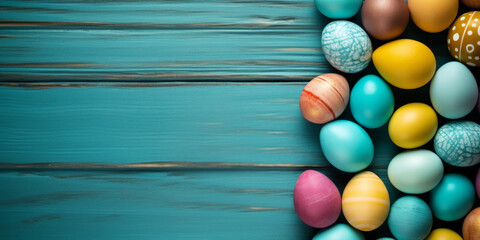 colorful painted easter eggs on blue wood background. Easter frame of eggs painted in blue red yellow pink green colorful color. Flat lay, top view. Copy space for text