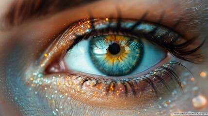 Human Eye. A magnified artistic view of a human eye with golden hues and reflective details, emphasizing visual perception. - obrazy, fototapety, plakaty