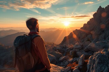 Adventurer Beholding Sunset Atop Mountain Range - obrazy, fototapety, plakaty