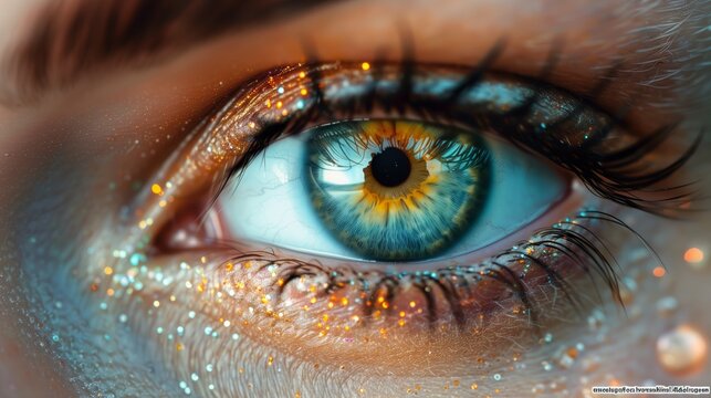 Human Eye. A magnified artistic view of a human eye with golden hues and reflective details, emphasizing visual perception.