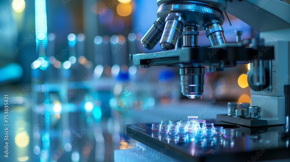 Poster microscope and test tubes. close-up shot showcases a high-tech microscope and test tubes illuminated