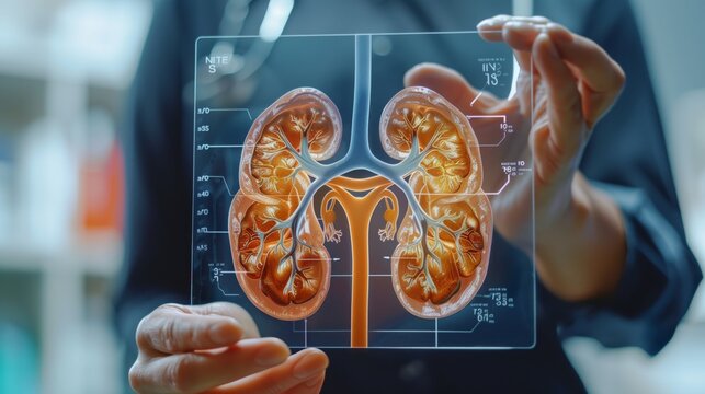 Medical professional analyzes a transparent digital visualization of human kidneys, highlighting the integration of technology in medical diagnostics.