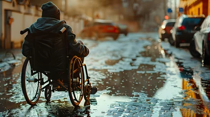 Deurstickers A man in a wheelchair looking at the streets on a rainy day © 익태 손