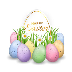 Vector illustration for Happy Easter holiday with realistic colorful pastel speckled Easter eggs, spring grass and flowers isolate on a white background. Easter greeting card.