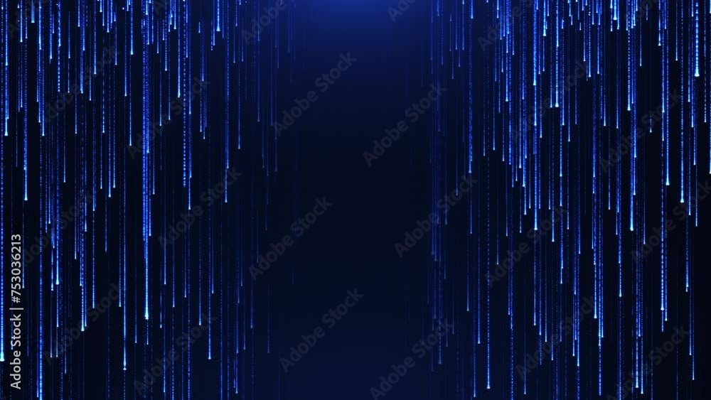 Poster stream of data points and neon lines or streaks of light, rain of particles. big data visualization,