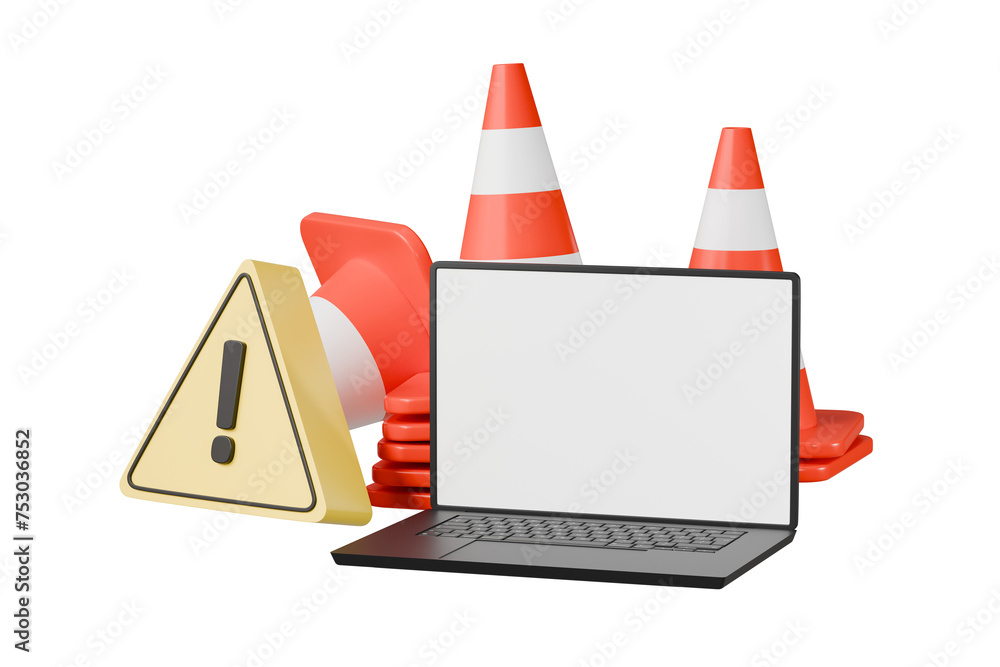 Fototapete 3d Traffic cones with attention on a laptop icon on isolated white background. Accident prevention concept. Minimal creative design icon. for website maintenance element. 3d rendering illustration.