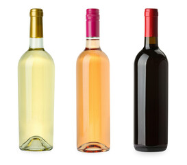 Bottles of white, rose and red wine isolated on white