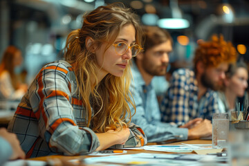 Fototapeta premium Donna con occhiali al lavoro con il team