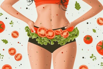 A slender girl in panties and a top with a belt made of vegetables and herbs. The concept of healthy eating, weight loss, fitness diet and vegetarianism - obrazy, fototapety, plakaty